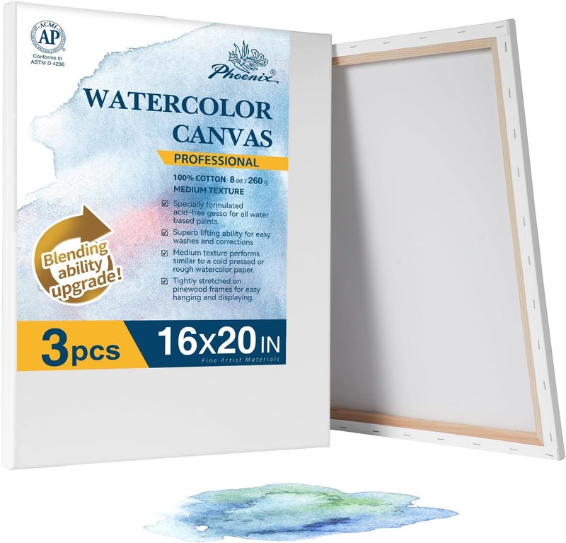 Phoenix Professional Stretched Watercolor Canvas - 16x20 Inch/3 Pack, 100% Cotton Water Color Canvases for Painting, 8 Oz. / 260g White Blank Medium Texture Canvas for Water Based Paints - Image 1